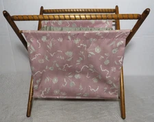 Vtg Sewing Basket Caddy Folding Twisted Wood Frame Silk Lined Pink Floral MCM