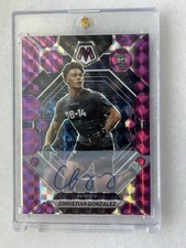Christian Gonzalez 2023 Mosaic 300 Rookie Autographs Purple 19/49 Patriots Card. rookie card picture