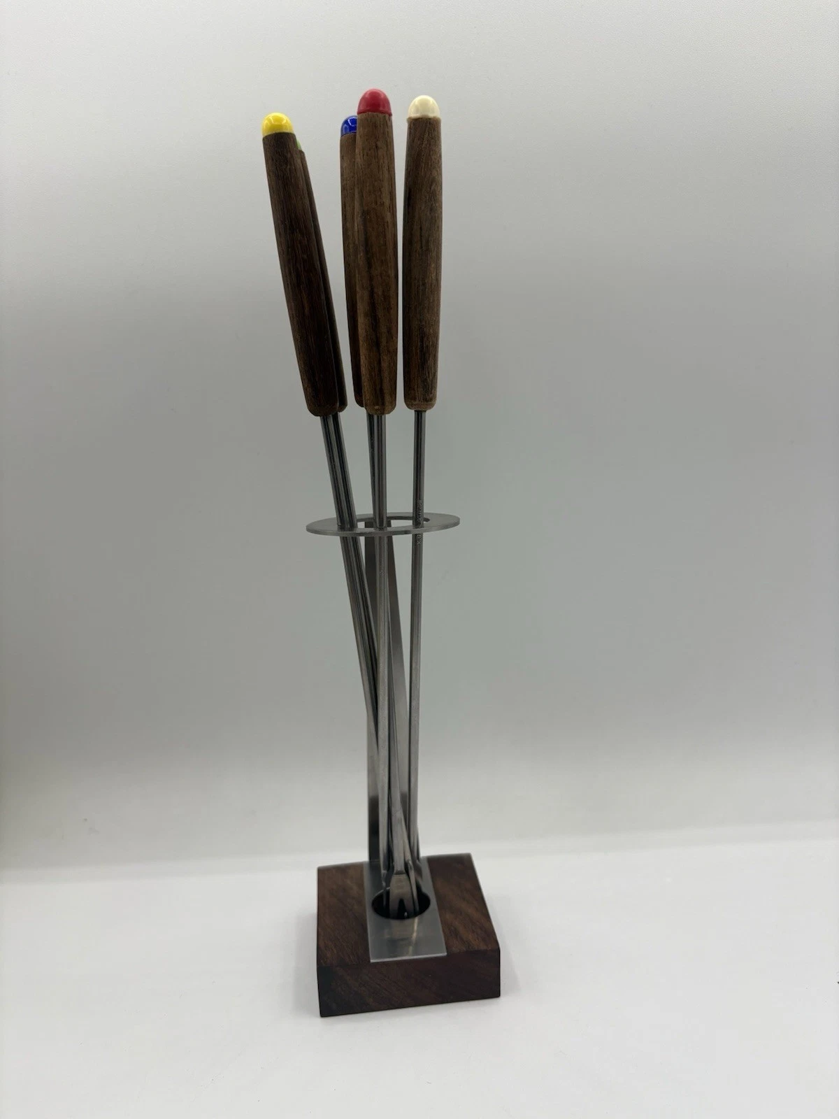 MCM Fondue Fork Set Teak Handle Colored Tips Stainless + Stand Vtg