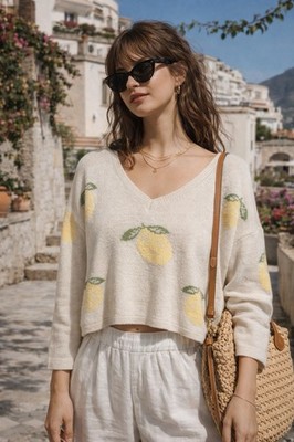 Lemon Print Knit Cropped Sweater Ivory V Neck  Slouchy Coastal Euro Summer Sz L