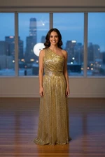 Kate Kasin Gold Sequin Dress, Size 8, One-Shoulder, Goddess Glamour