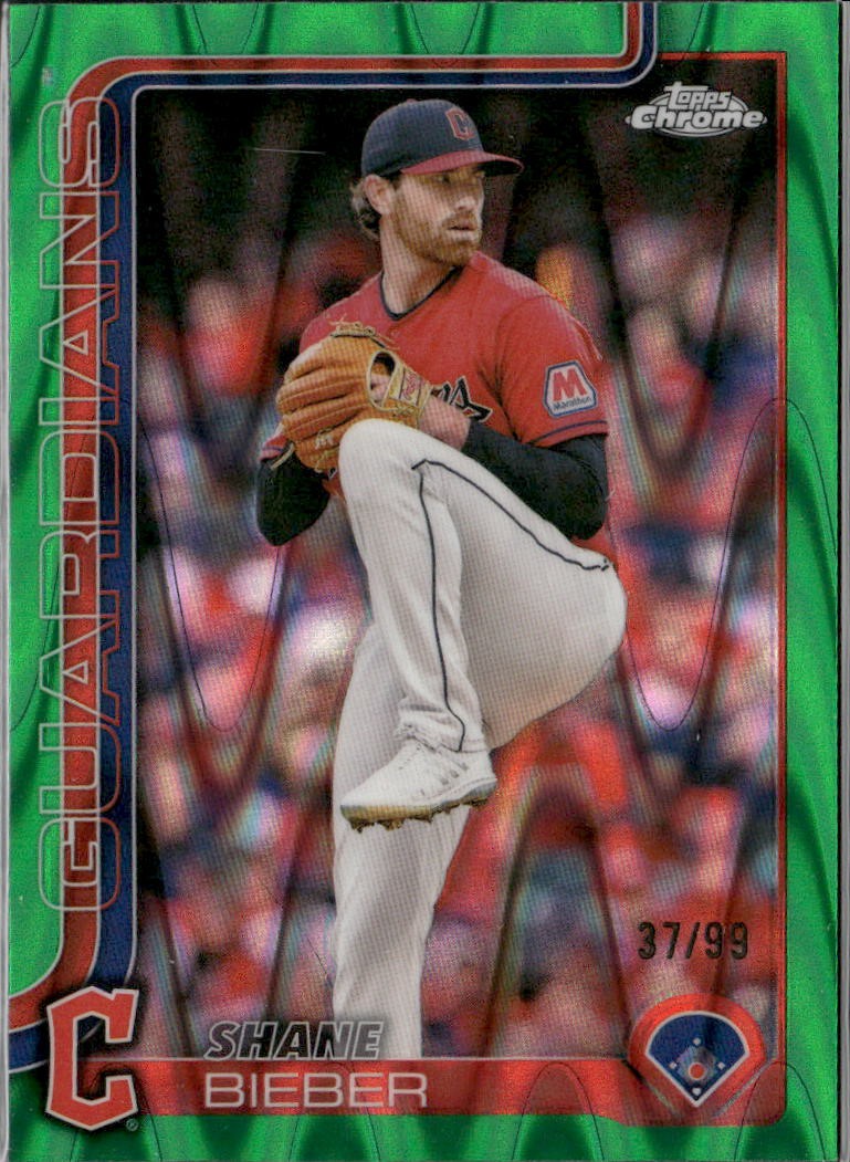 2025 Topps Chrome #13 Shane Bieber Green RayWave Refractors #/99
