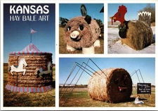 Kansas Hay Bale Art Postcard Farm Sculptures, Pig, Carousel with Horses, Spider