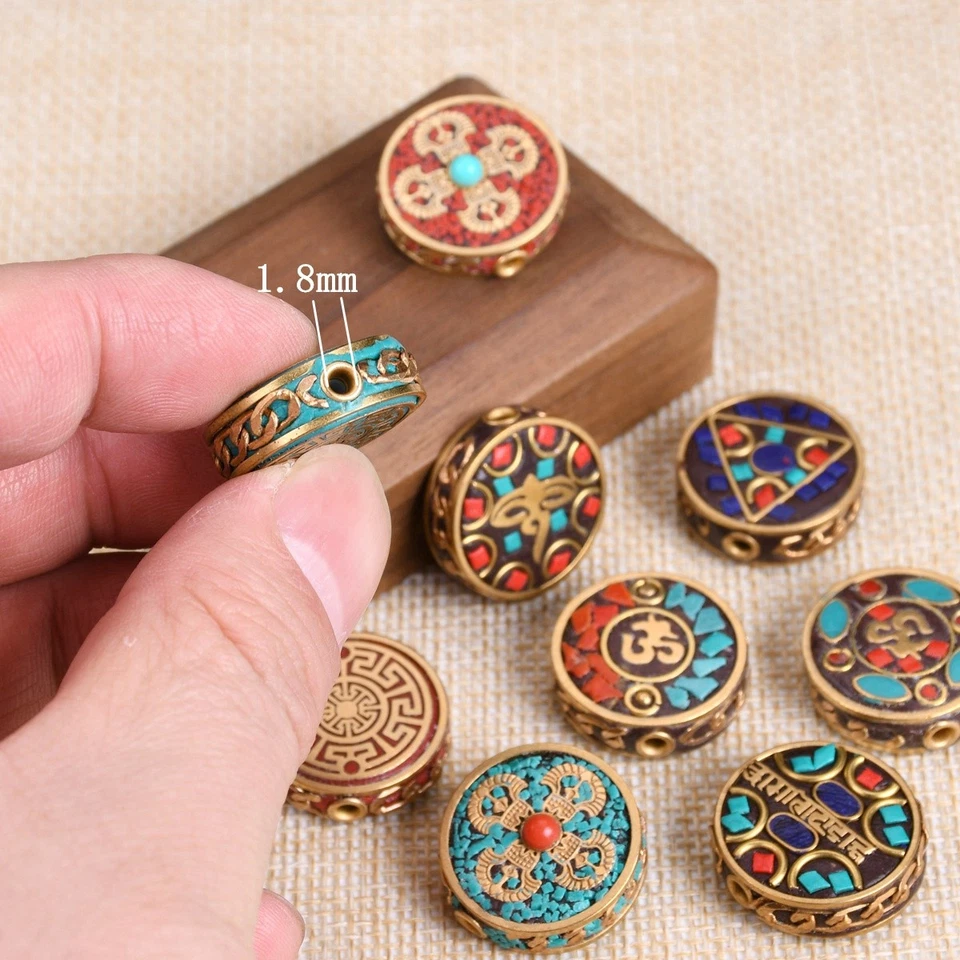 1pcs 22mm Flat Round Nepalese Tibetan Buddhist Handmade Brass Metal Clay Beads - Image 4 of 4
