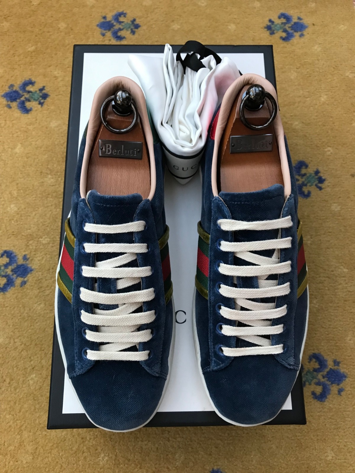 Gucci Ace Velvet Blue Web Red Trainers Sneakers Shoes Mens UK 5.5 US 6.5 EU 39.5