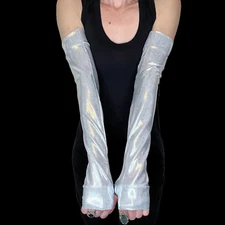 Silver Holographic Fingerless Gloves Costume Arm Warmers Cyber Goth Vinyl Look