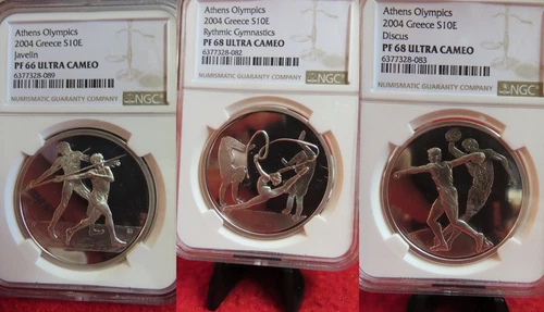 2004 Greece Olympic Javeline, Gymnastics, Discus Silver NGC PR66, PR68 coin set