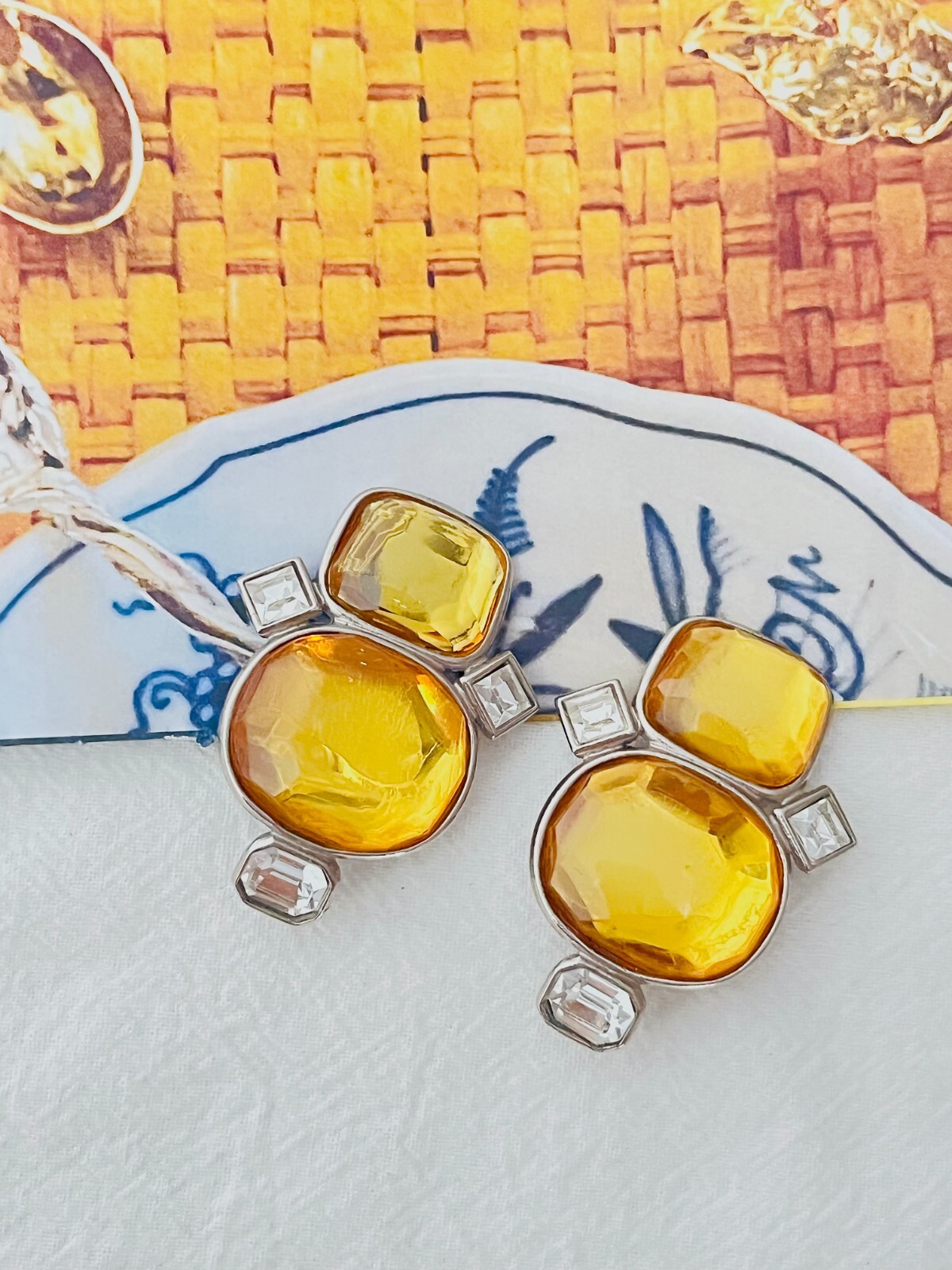 Orecchini Yves Saint Laurent YSL Vintage Grandi Doppio Cristallo Giallo Clip Ovale