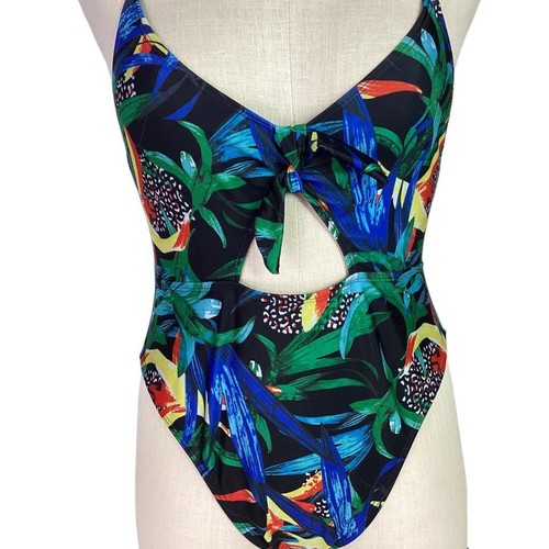 Nasty Gal Swimsuit Women 8 Black Multicolor One Piece Tropical Leaf High Leg - Picture 2 of 12
