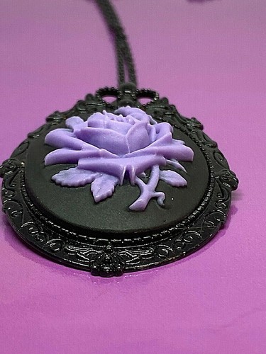 Purple Rose Cameo Black Necklace Brooch Wedding Gothic Rockabilly Hat Pin Amulet - Picture 4 of 10