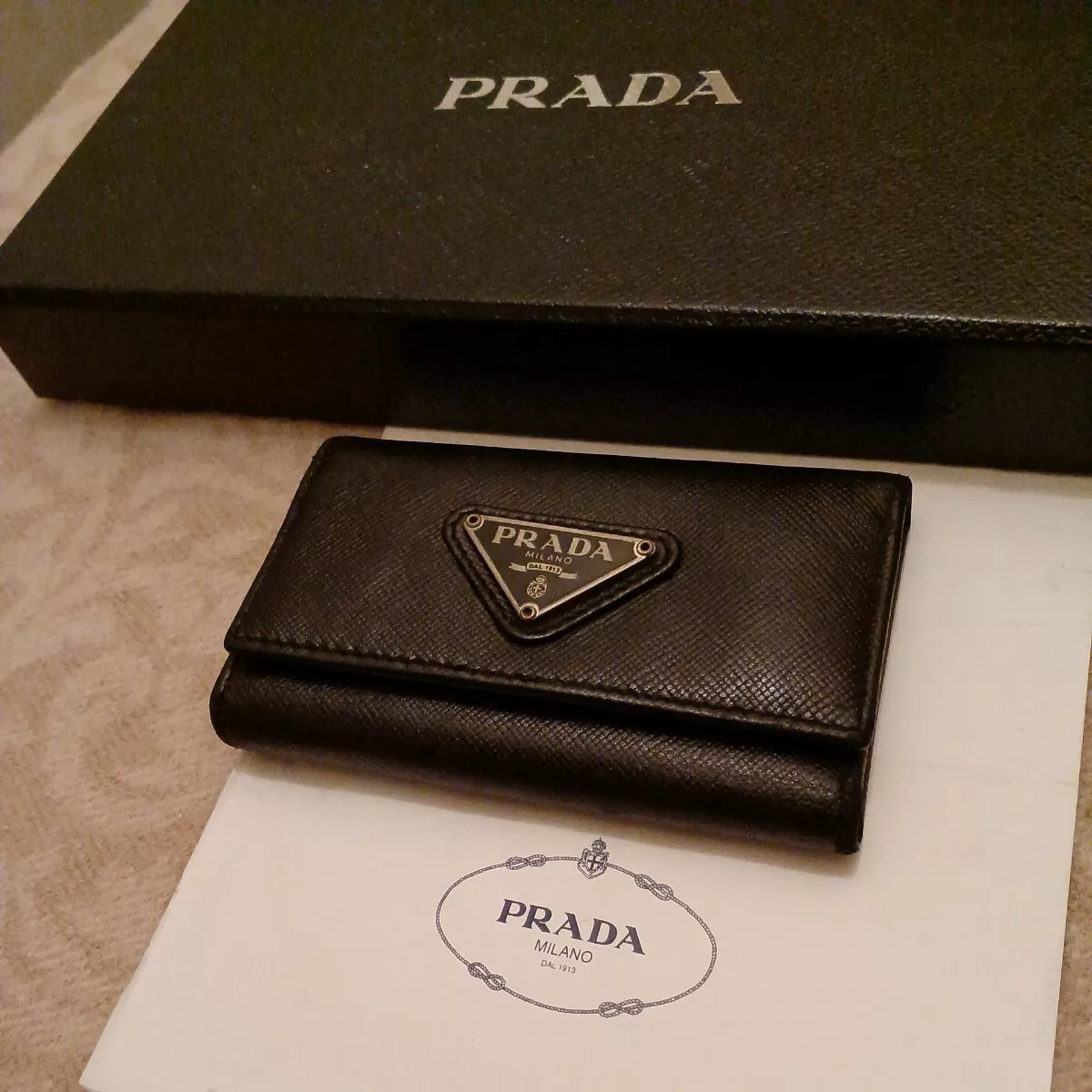 Logo Leather Key Pouch in Black - Prada