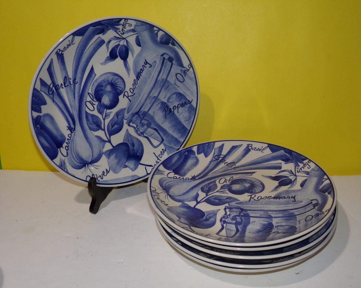 Sango Handcrafted Kitchen Garden Blue 6144 Plate Set 6 Six Dinner