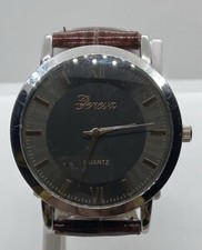 NEW GENEVA MENS WATCH Fresh Battery Grey Dial Brown Embossed Strap Silver Case