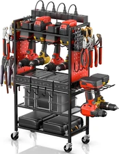 Power Tool Organizer Cart with Charging Station, Garage Floor Rolling Storage Ca