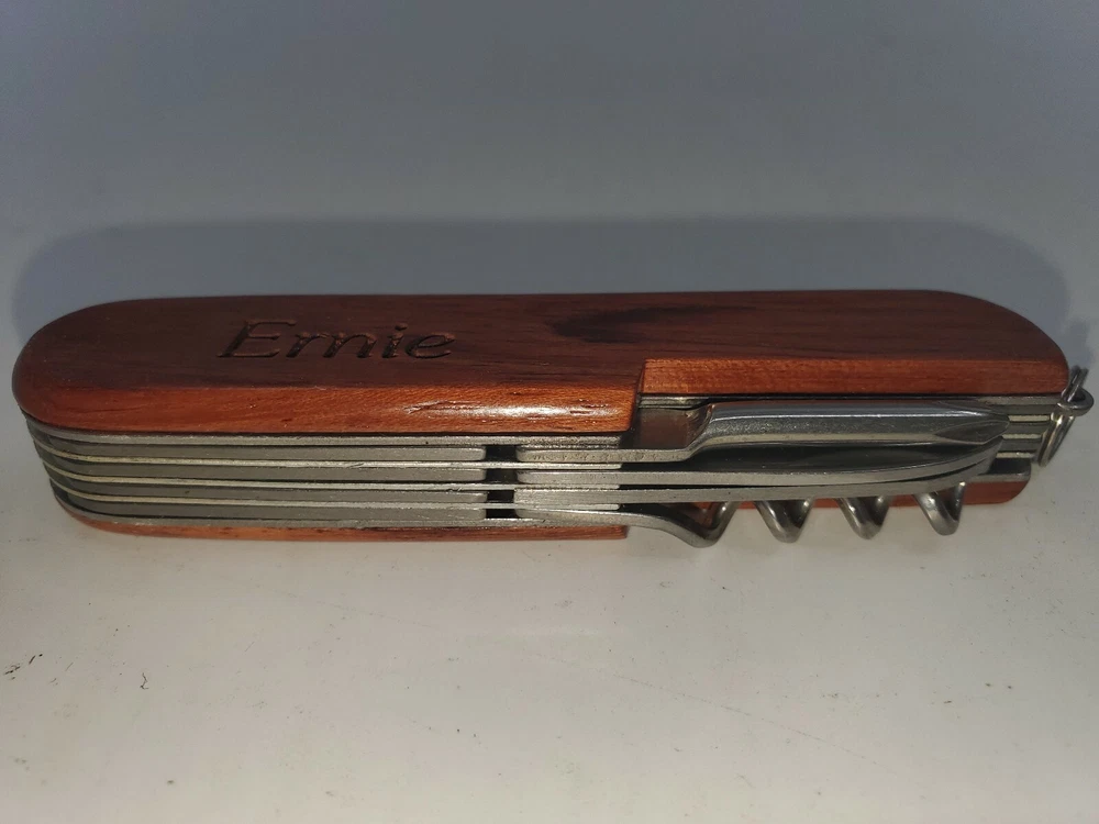 Multi-tool Pocket Knife Ernie Kansas Buffalo Engraved  On Wood  Handle