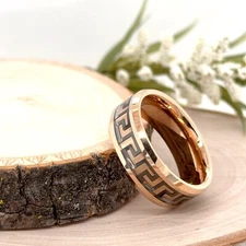8mm Rose Gold Tungsten Promise Ring Black Greek Key Inlay Christmas Gifts Band