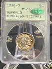 1938 D 5c Buffalo Nickel PCGS MS65 CAC Green Sticker OGH Rattler Golden Toner