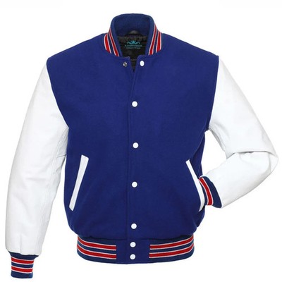 Herren Bomberjacke Baseball Varsity Royal Blau Wolle mit Weiße Lederärmel 4XL