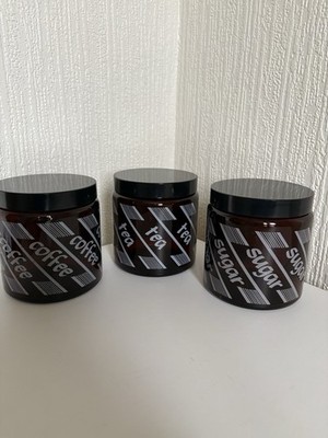 Vintage 80er Jahre 3er Set Kaffee-, Tee- und Zuckerkanister im dunkelbraunen Glas