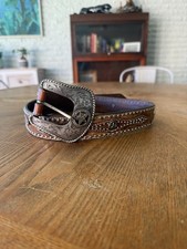 Nocona Hair-on Hide Texas Star Concho Tooled Basketweave Men s Belt 37 Brown