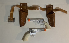 Two 2 Vintage Pony Boy Cap Guns w/ Brown Holster Action Works 34" Belt