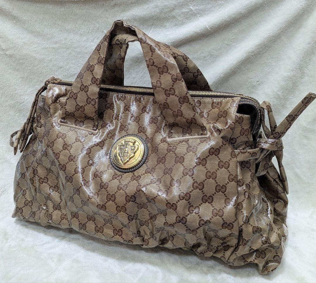 Gucci GG Crystal Hysteria Leather Handbag in Brown Gold 15x9x6in
