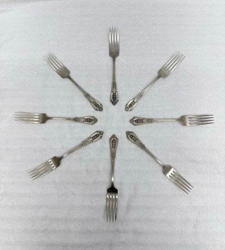 (8) Vintage Wallace Sterling Silver Dinner Fork Rose Point 7 1/2" Flatware 455g