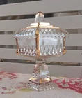 VTG Jeanette Glass Wedding Cake Pedestal Candy Dish w/ Lid Gold Trim