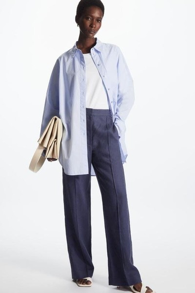 Women COS Trousers Navy Linen S-M