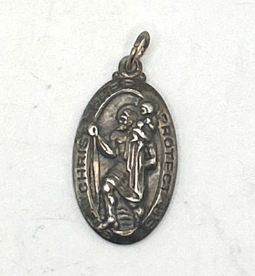 Vintage Sterling Silver 0.925 Oval St Saint Christopher Medal Pendant Necklace