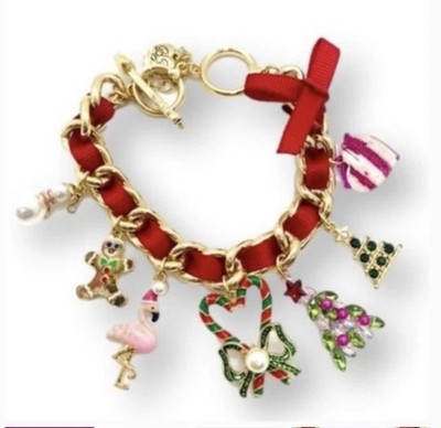 Betsey Johnson Gold Tone Christmas Holiday Whimsy Charm Bracelet NWT