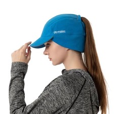 Ponytail Winter Hats for Women Reflective Fleece Ponytail Hat for Running Blue