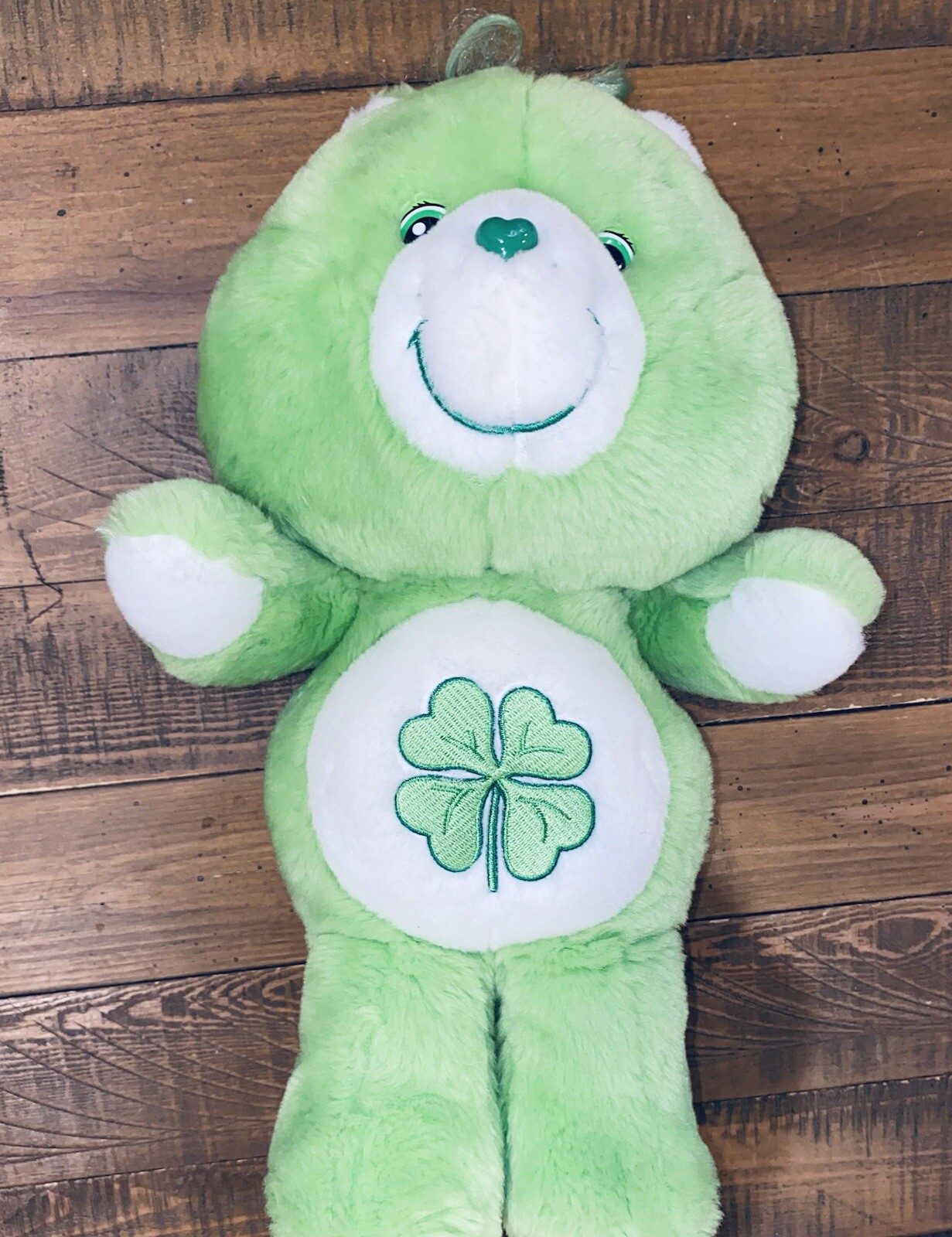 Vintage 2002 Care Bears Good Luck Bear Plush Stuffed Animal with Shamrock Hearts