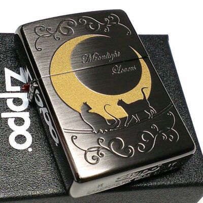 Zippo Cat Moonlight Lovers Design Black Gold Etching Oil Lighter Regular Case