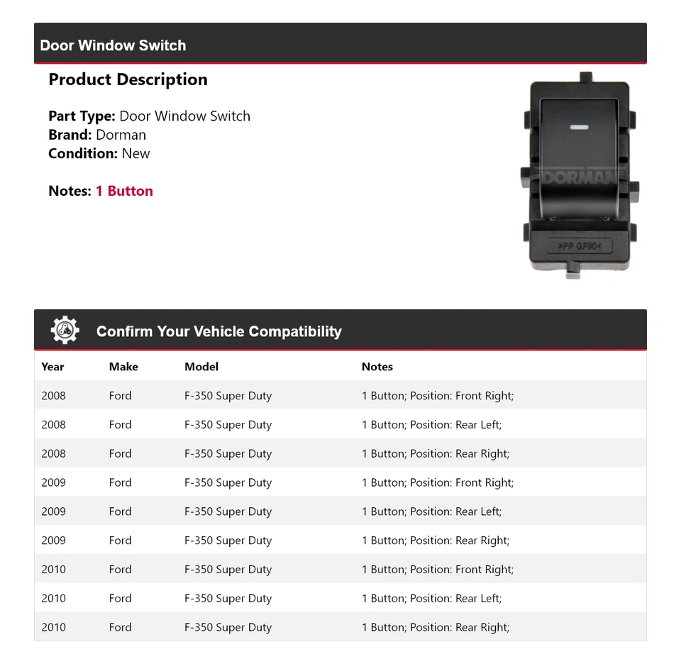 For 2008-2010 Ford F-350 Super Duty Dorman Door Window Switch 2009 - Image 2 of 4