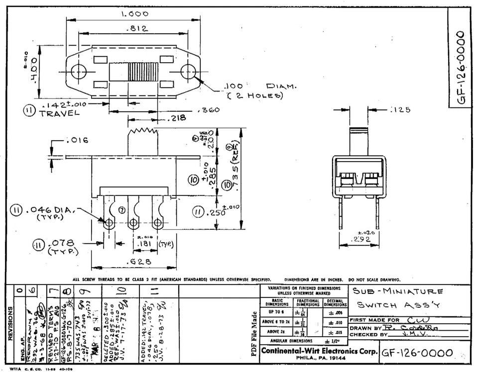 Лот из 25 - CW GF-126-0000, DPDT (с фиксатором) слайд-переключатель, 0,5 А 125 В переменного тока/постоянного тока, новый из старых запасов - Изображение 2 из 3