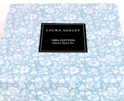 Queen Comfy Crisp Cool Cotto  Percale Sheet Set Laura Ashley Aqua Blue Heirloom
