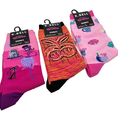 K. Bell 3 Pair Socks Artist Shag Tiki Hula Pink Orange Floral Cat Retro Design