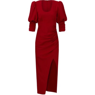 Self-Portrait Red Ruched Midi Dress
