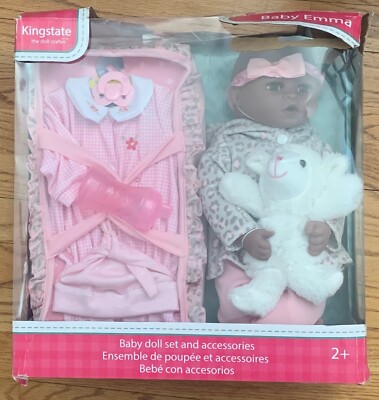 Kingstate African American Baby Emma Baby Doll Set & Accessories NEW TORN BOX