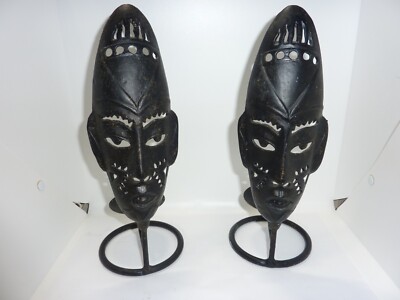 2 Vintage Bali Tribal Mask Wrought Iron Candle Holder Indonesian  12''