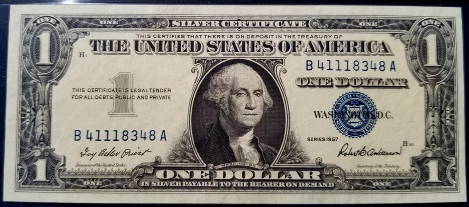 PMG 65 EPQ!  1957 BLANK BACK INSUFFICIENT INKING ERROR $1 SILVER CERT FR.1619 - Image 3 of 4