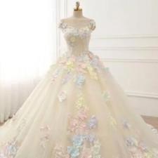 wedding dresses colorful flower lace up appliques with long train bridal gowns
