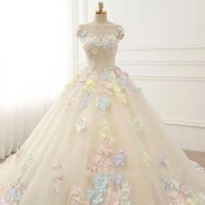 wedding dresses colorful flower lace up appliques with long train bridal gowns