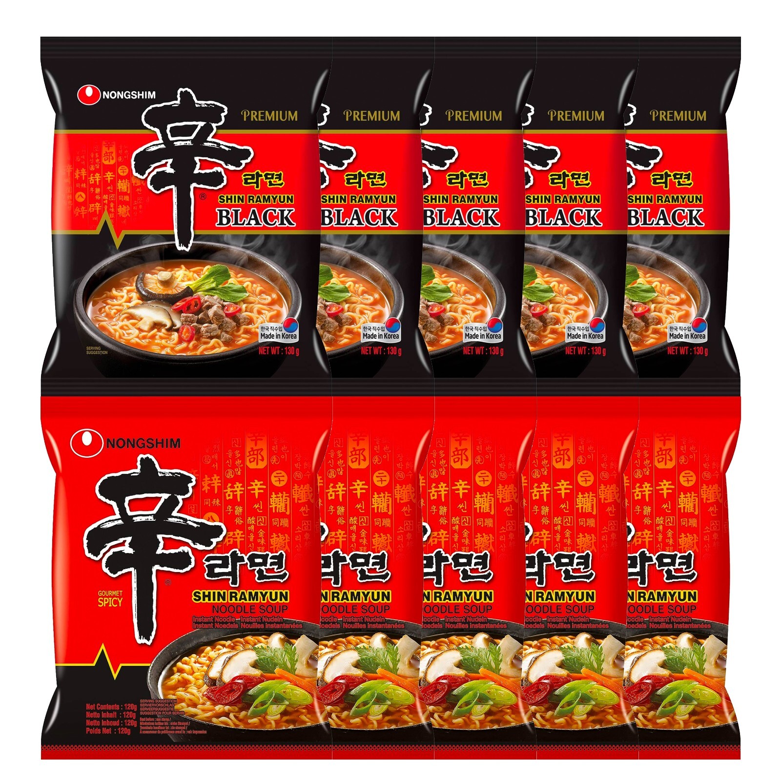 Nong Shim SHIN BLACK & Original Ramyun Spicy Ramen Noodle (Pack of 10) HALAL