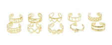 New Set of 10 Ornate Gold Tone Toe Rings in Assorted Patterns #R1175