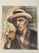 Very Beautiful Drawing On Paper Portrait Gouache Man With Pipe Antique 1935