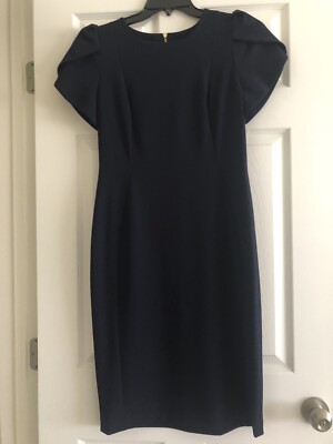 Calvin Klein Navy Blue Dress With Cap Sleeves Gold Zipper Size 10 | eBay