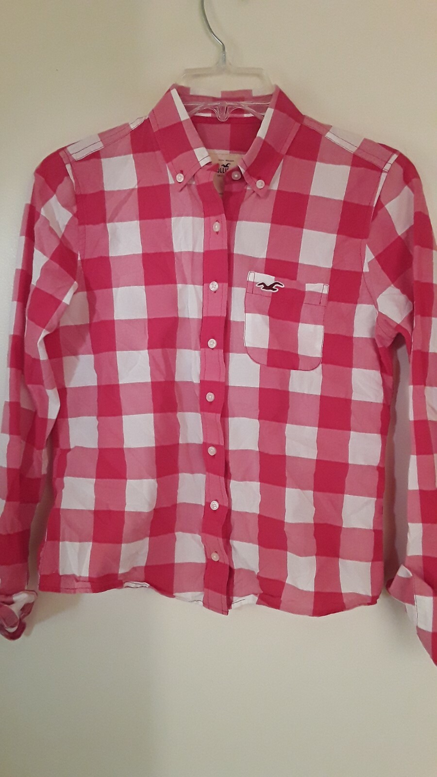 HOLLISTER Red Coral White Plaid Button Up Women's Shirt  - Sz S