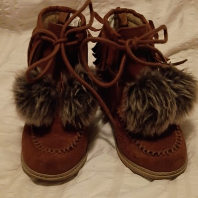 Girls Brown Suede Ankle Bootie Boots Lace-Up Fringe Fur Trim Round Toe 11c
